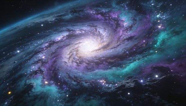 Swirling spiral galaxy with luminous white core and violet-teal nebula arms, cosmic art