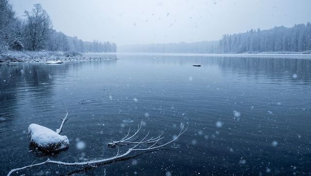 Snowflakes drifting over glassy winter lake with frosted shoreline and quiet ripples