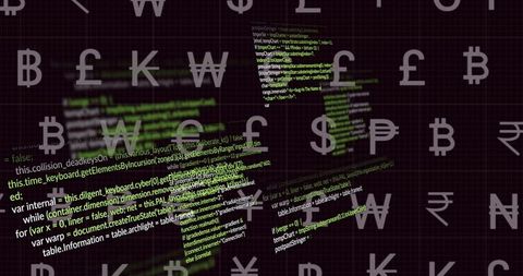 Floating neon code panels with tiled currency symbols suggesting blockchain security, fintech