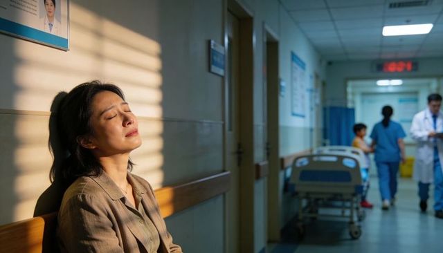 Asian woman resting on hospital bench, blinds casting striped sunlight across face