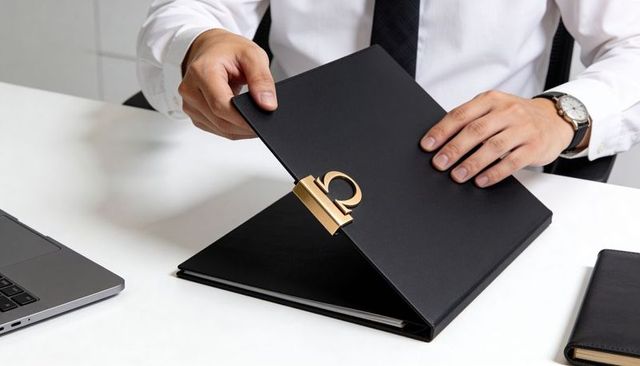 Male executive opening black leather portfolio with gold clasp at office desk