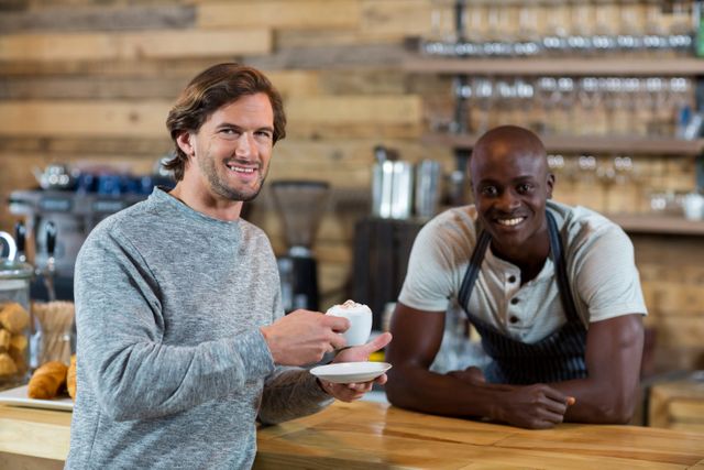 Portrait of male customer smiling while having coffee in cafÃ©