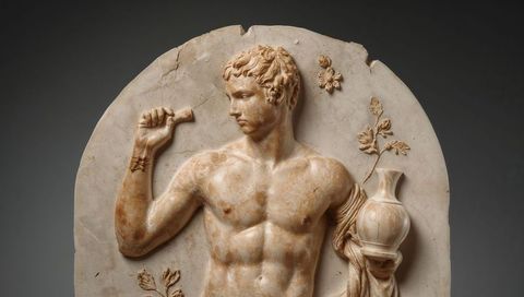 Classical Greco-Roman Marble Relief Male Holding Ewer and Rod, Contrapposto Sculpture
