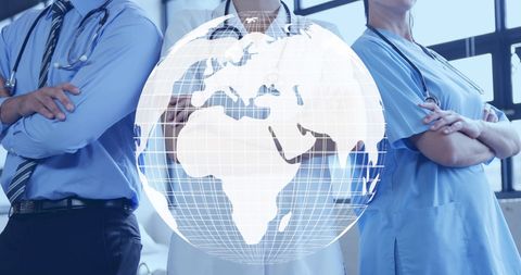 Global healthcare team with spinning globe conceptual background