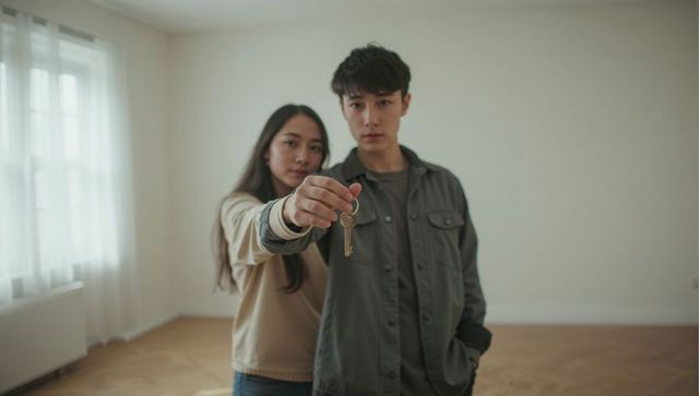 Young couple holding new home key in empty modern apartment for moving in handover