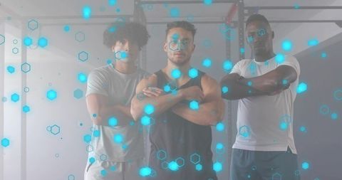 Three Confident Men in Gym with Futuristic Overlay