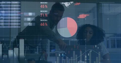 Colleagues Analyzing Data on Digital Transparent Screen in Office