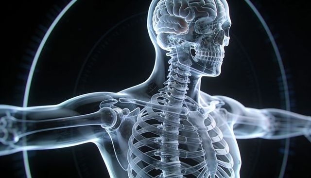 Transparent human torso revealing skull, brain and cervical spine in holographic display