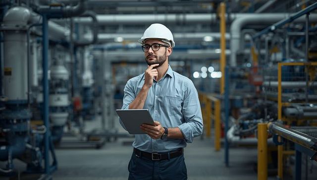 Engineer Inspecting Industrial Plant Holding Tablet Wearing White Hard Hat Conducting Audit