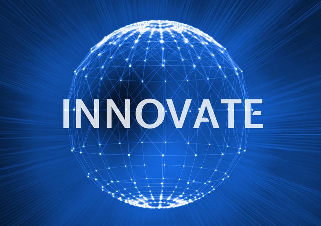 Digitally generated image of innovate text on glowing sphere against blue background