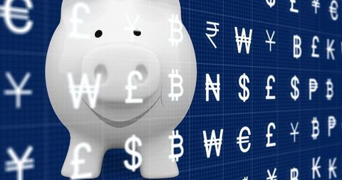 Piggy bank surrounded by global currency symbols