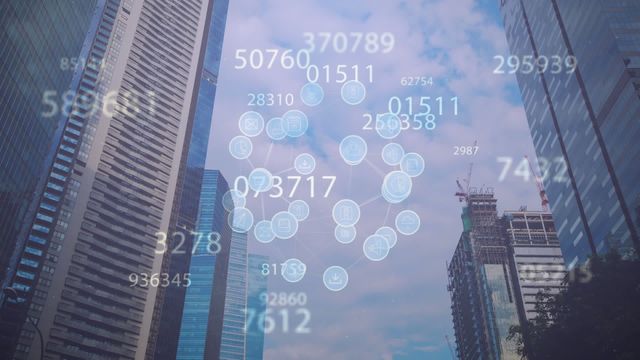 Visual representation of digital networks and data streams against the backdrop of a modern city skyline. Useful for illustrating themes of global business, technological advancement, smart cities, urban development, and digital innovation.