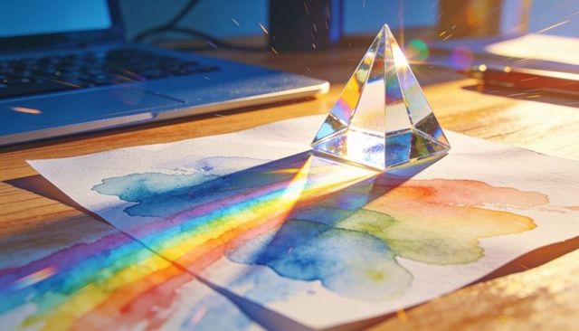 Crystal prism projecting vibrant rainbow across watercolor painting on sunlit wooden desk