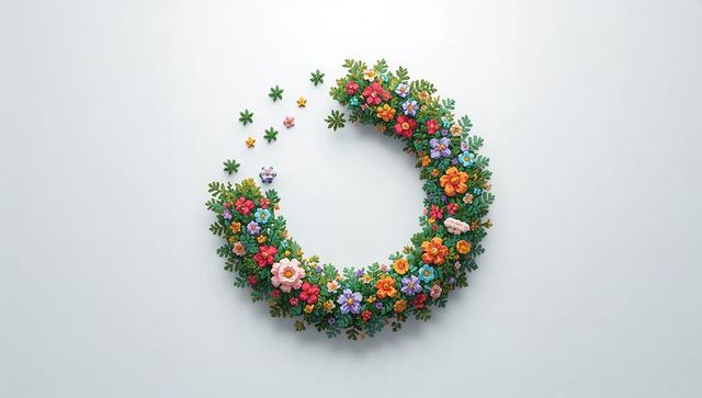Colorful floral wreath forming open circle with lush foliage and vibrant blossoms