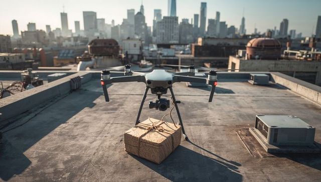 Urban delivery drone carrying parcel on rooftop at golden hour