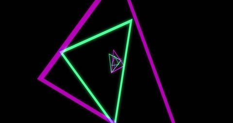 Vibrant neon triangles on black background with dynamic motion