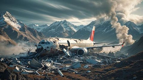 Plane crash amidst mountainous barren landscape