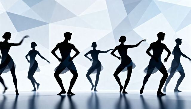 Silhouetted Dance Ensemble Performing on Reflective Stage with Geometric Backdrop