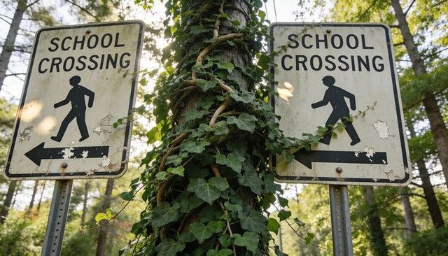 Weathered school crossing signs flanking ivy-covered tree trunk on sunlit forest roadside