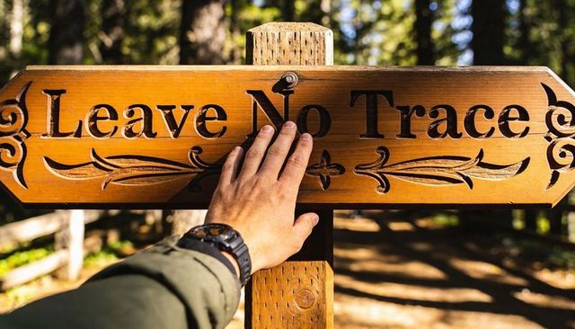 Hand touching carved leave no trace sign on forest trail encouraging outdoor conservation