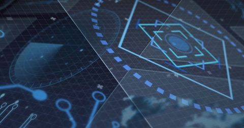 Futuristic Cyan HUD Interface Rotating Hexagon with Grid Circuit Nodes and Dotted Arc