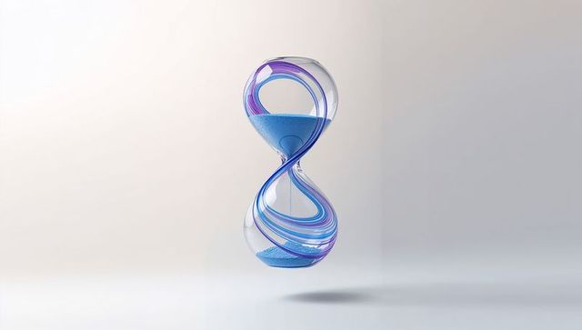 Elegant glass hourglass with blue sand on minimal background