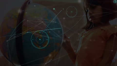 Young Girl Exploring Digital Globe with Network Overlay
