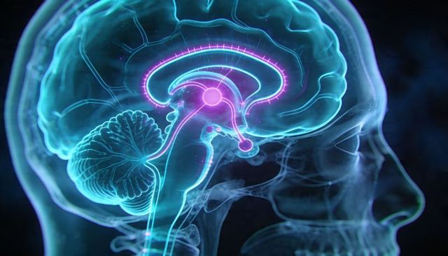 Translucent Skull Highlighting Neon Brain Pathways, Glowing Neural Nodes and Cerebellum Detail