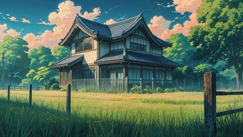 Traditional anime japanese house in picturesque countryside landscape
