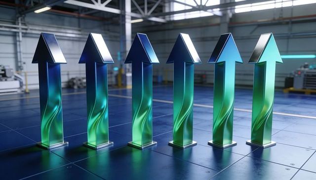 Metallic arrow sculptures rising on reflective tile floor in industrial warehouse with neon