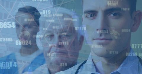 Diverse Doctors Analyzing Global Healthcare Data Overlay
