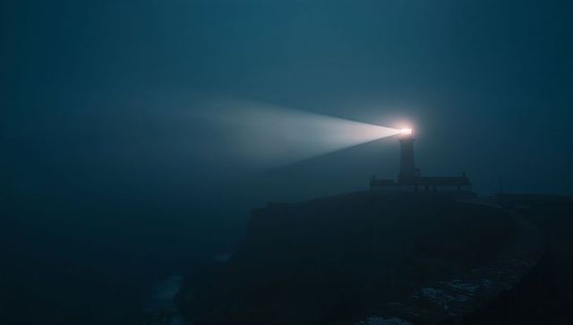 Lighthouse Beacon Illuminating Foggy Night Coastline