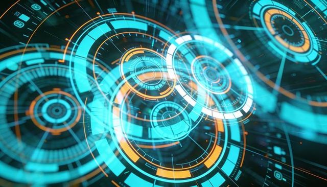 Rotating Futuristic HUD Interface with Glowing Concentric Rings and Progress Indicators