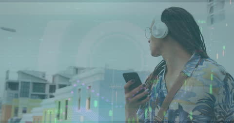 Man Engaging with Smartphone and Headphones Overlaid with Data