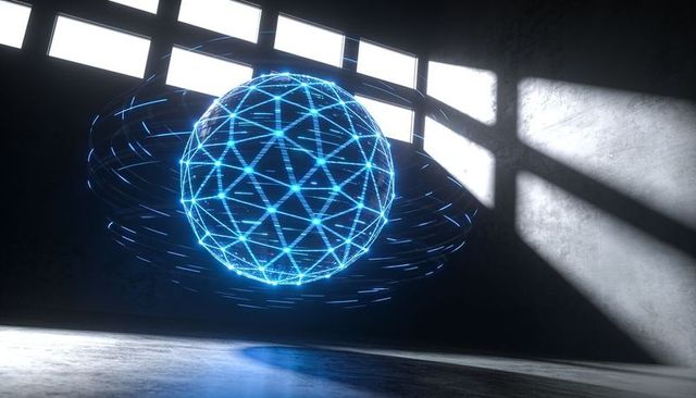 Hovering holographic geodesic sphere emitting blue light with orbiting rings, industrial room