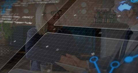 Business handshake with digital data overlay showing collaboration, agreement and future tech