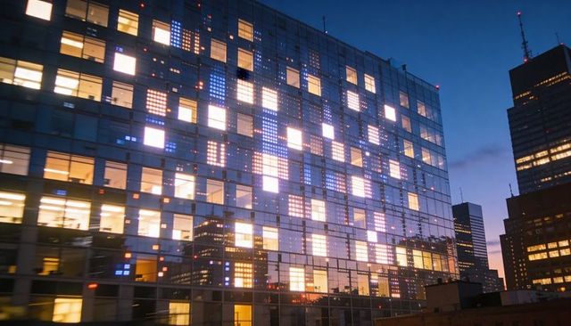 Illuminated glass office facade with led window grid mirroring city skyline glow at twilight