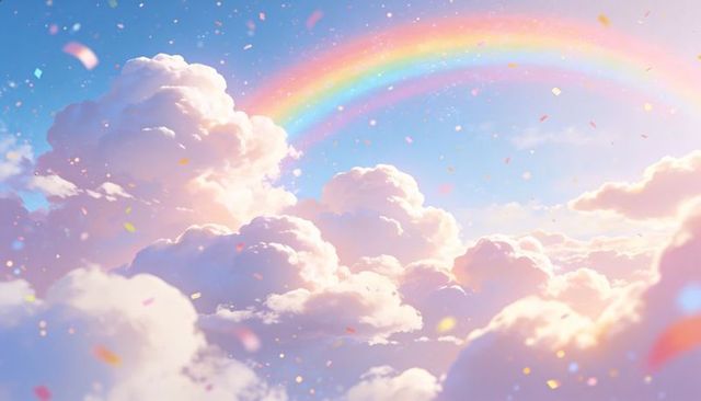 Ethereal pastel rainbow arch over glowing cumulus clouds with dreamlike floating confetti