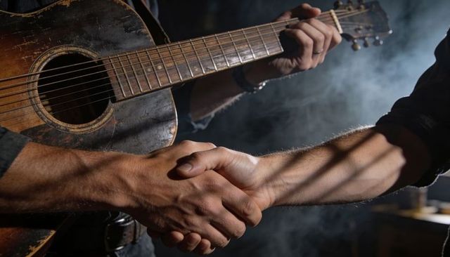 Musicians shaking hands over worn acoustic guitar conveying trust and collaboration