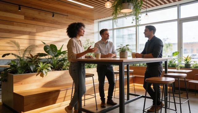 Three colleagues discussing ideas at high table in modern timber office lounge with plants