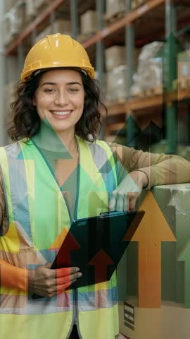 Warehouse worker reviewing inventory on tablet with rising arrows, vertical business video