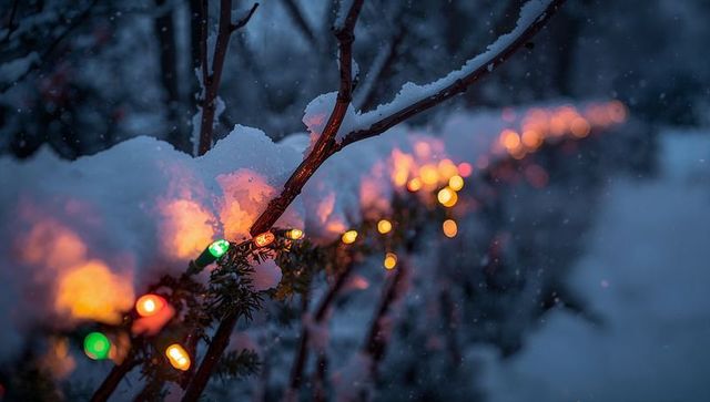 Wrapping multicolored lights on snow-covered shrub with glowing bokeh at blue hour