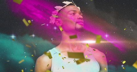 Confident Man Embracing Futuristic Digital World with Colorful Confetti