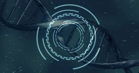 Spiraling DNA Double Helix Twisting Through Futuristic Cyan HUD Rings Genome Visualization