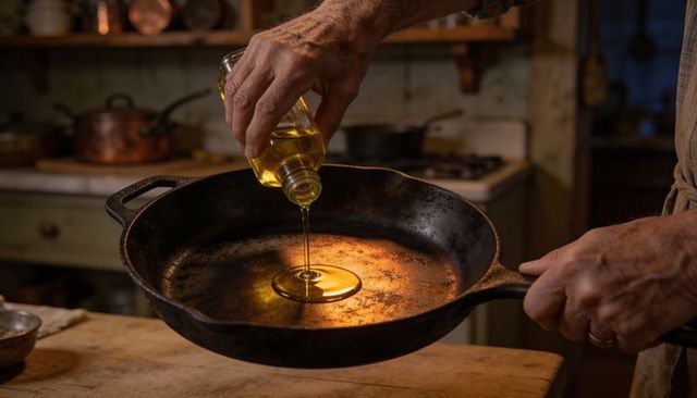 Hands pouring olive oil into cast iron skillet in rustic kitchen with warm patina