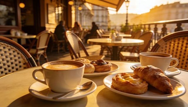 Sunlit terrace serving coffee and fresh pastries at sunrise with warm golden light
