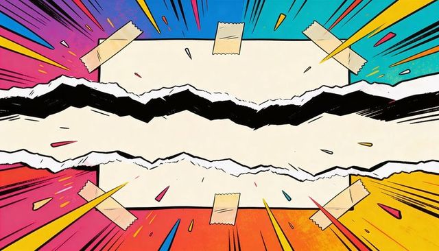 Retro pop art torn paper collage with bold comic halftone bursts and masking tape