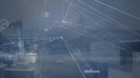 Digital Network Overlay on Cityscape Representing Data Processing