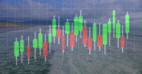 Translucent 3d candlestick chart hovering over ocean shoreline with grid overlay