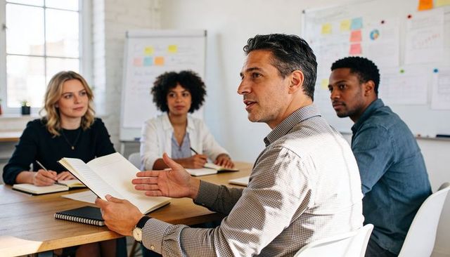 Middle-age manager leading collaborative team meeting and presenting ideas in bright modern office